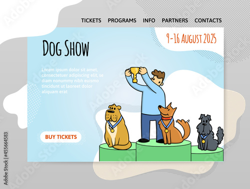 Design template for dog show, exhibition or dog training courses. Dogs with the owner on the podium. Vector illustration for website header, banner or poster.