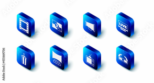Free Download Set Old film movie countdown frame, Megaphone, Live stream, 3D cinema glasses, Retro tv, Cinema auditorium with screen, Paper water and Play video icon. Vector - GFXLoad