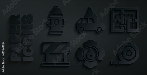 Set Firefighter, Evacuation plan, Road barrier, hose reel, Burning car and hydrant icon. Vector