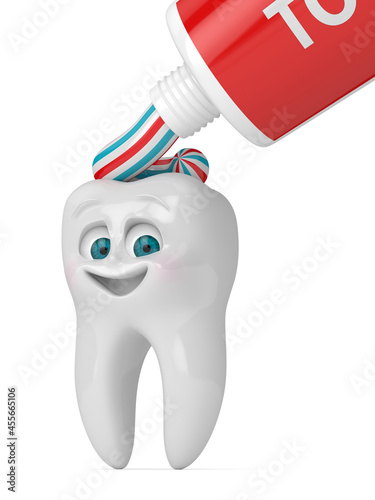 3D render of cartoon Mr Tooth with toothpaste isolated over white background