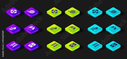 Set Fire escape, alarm system, in burning building, Firefighter helmet, hose reel and icon. Vector