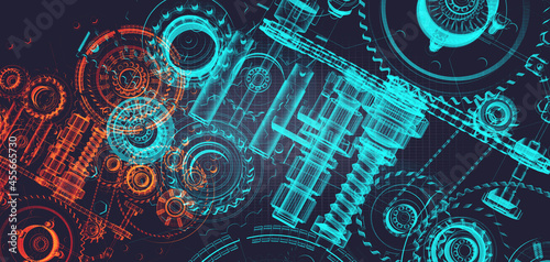 Fotografia Blueprint project of engine design with gears