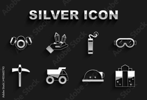 Set Mining dump truck, Safety goggle glasses, Mine entrance, Miner helmet, Pickaxe, Dynamite, Gas mask and Gem stone icon. Vector