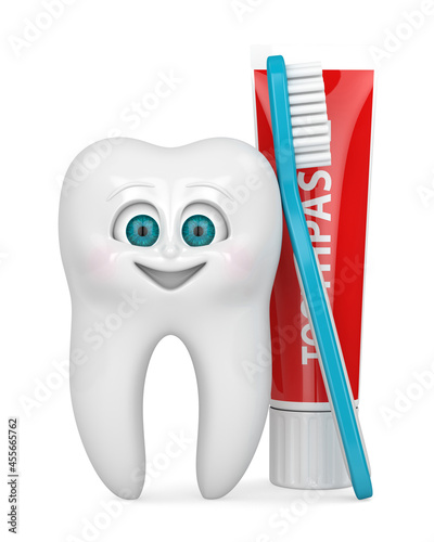 3D render of cartoon Mr Tooth with toothbrush and toothpaste isolated over white background
