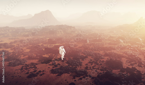 Astronaut doing space walk and explore planet such as Mars.