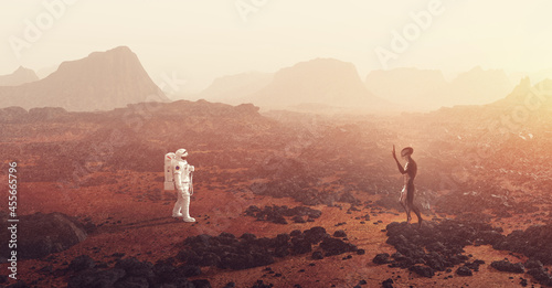 Leinwand Poster Astronaut meeting an alien on planet such as Mars