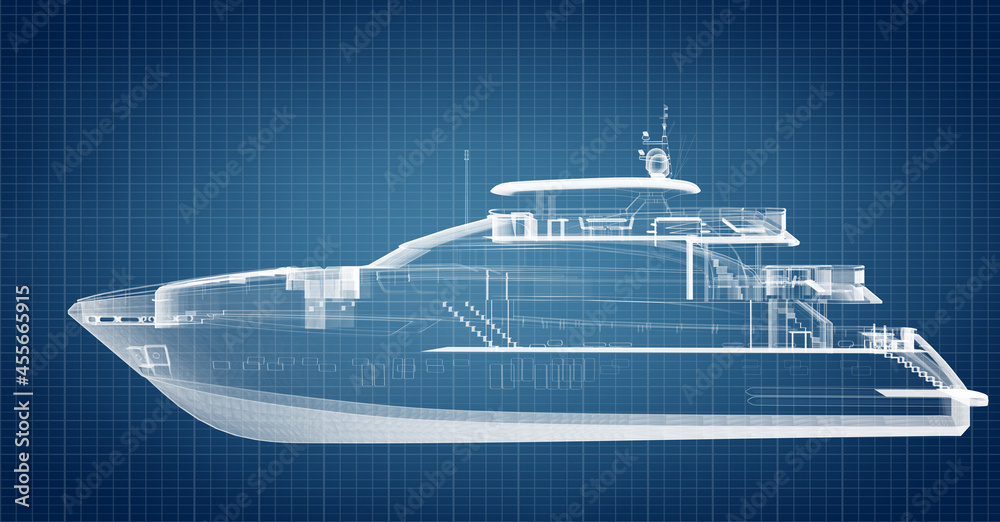 Blueprint technical design of motor yacht - obrazy, fototapety, plakaty 