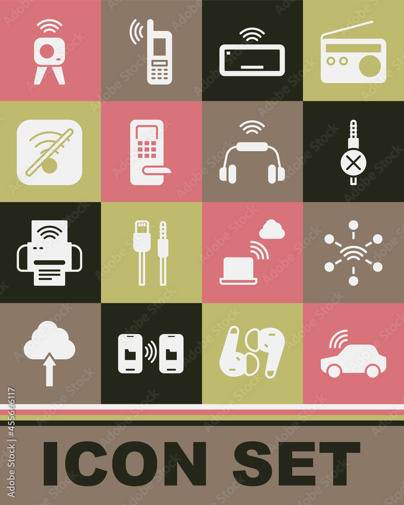 Set Smart car system, Network, No audio jack, Computer keyboard, Digital door lock, Wi-Fi wireless internet, Web camera and headphones icon. Vector Set Smart car system, Network, No audio jack, Computer keyboard, Digital door lock, Wi-Fi wireless internet, Web camera and headphones icon. Vector