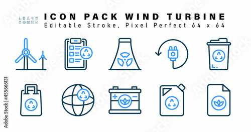 Icon Set of  Wind Turbine Two Color Icons. Contains such Icons as Recycling Bin, Bag, Global, Car Battery etc. Editable Stroke. 64 x 64 Pixel Perfect