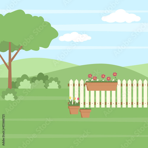 Spring landscape with garden tools, vector illustration and white fence