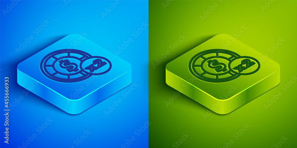 Isometric line Casino chips icon isolated on blue and green background. Casino gambling. Square button. Vector Isometric line Casino chips icon isolated on blue and green background. Casino gambling. Square button. Vector
