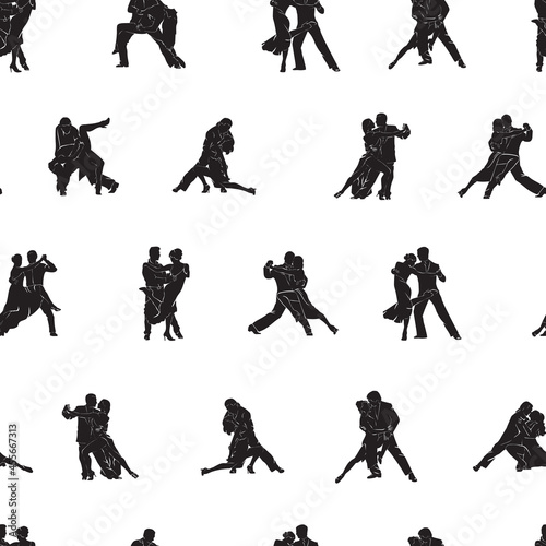 image of dancing tango and ballroom dancing couples, pattern for design and decoration, black and white silhouette image