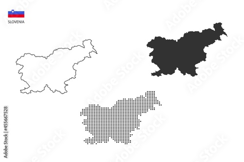 3 versions of Slovenia map city vector by thin black outline simplicity style, Black dot style and Dark shadow style. All in the white background.