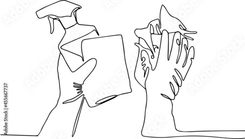 hands in gloves hold detergents cleaning or housekeeping concept background