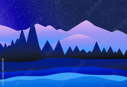 Winter  Christmas or New Year landscape in a flat style. White snowy mountains  dark forest and starry night sky. For a poster  postcard  invitation  or web. EPS 10.