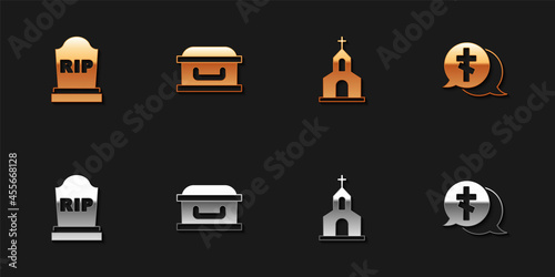 Set Tombstone with RIP written, Coffin cross, Church building and Grave icon. Vector