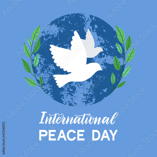 International Peace Day vector square web banner. Peace Day concept decorated by silhouette of planet Earth and flying pigeons with branches.