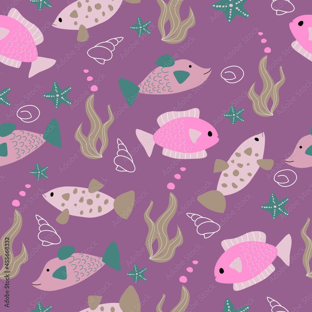 seamless cute fish pattern with shells starfish and corals in the sea.