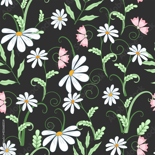 Floral seamless background. White flowers on a gray background.