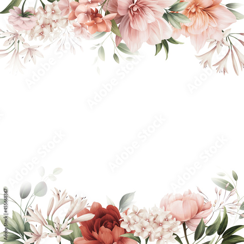 Floral border, greeting card with flowers, can be used as invitation card for wedding, birthday and other holiday and  summer background, watercolor peonies