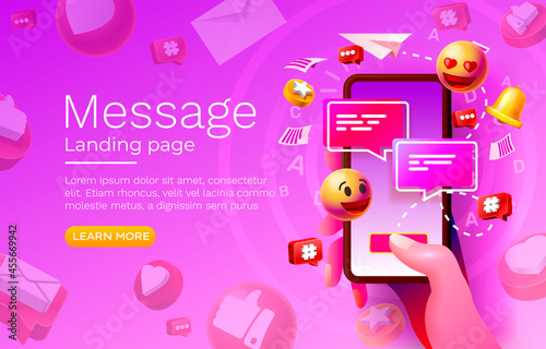 Message with many icons, chat for communication of people, landing page. Vector