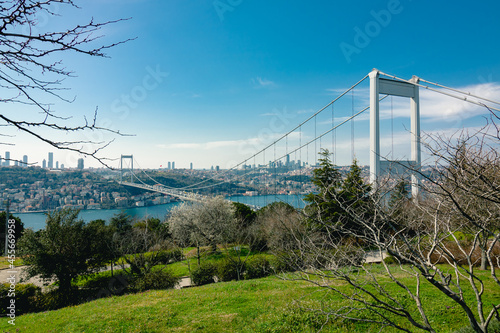 Fatih Sultan Mehmet Bridge in Istanbul from Otagtepe. Istanbul background photo. Travel to Turkey. Turkey background photo. Bosphorus bridges. © senerdagasan