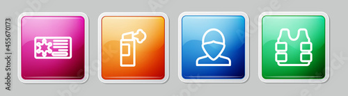 Set line Police badge, Pepper spray, Vandal and Bulletproof vest. Colorful square button. Vector