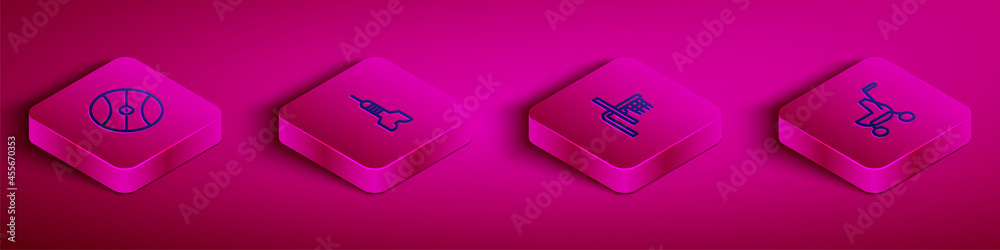 Set Isometric line Basketball ball, Dart arrow, backboard and Baby stroller icon. Vector Set Isometric line Basketball ball, Dart arrow, backboard and Baby stroller icon. Vector