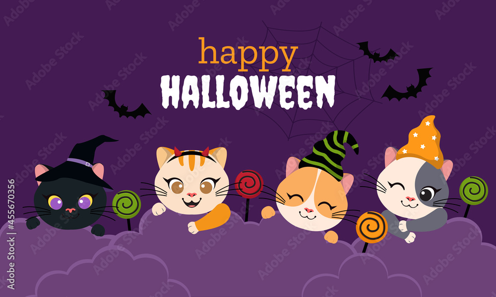Cute Halloween theme cat banner. Flat vector cartoon design
