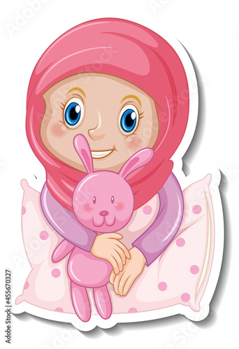 A sticker template with muslim girl hugs a pillow and rabbit doll