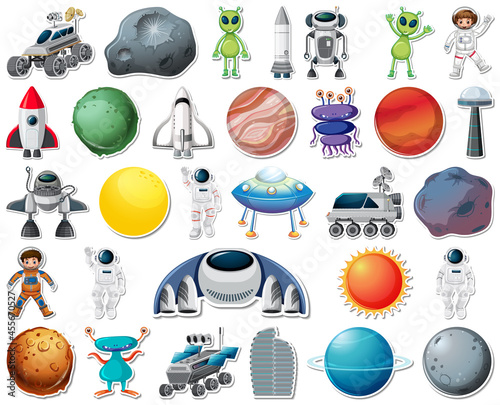 Set of stickers with Solar system objects isolated