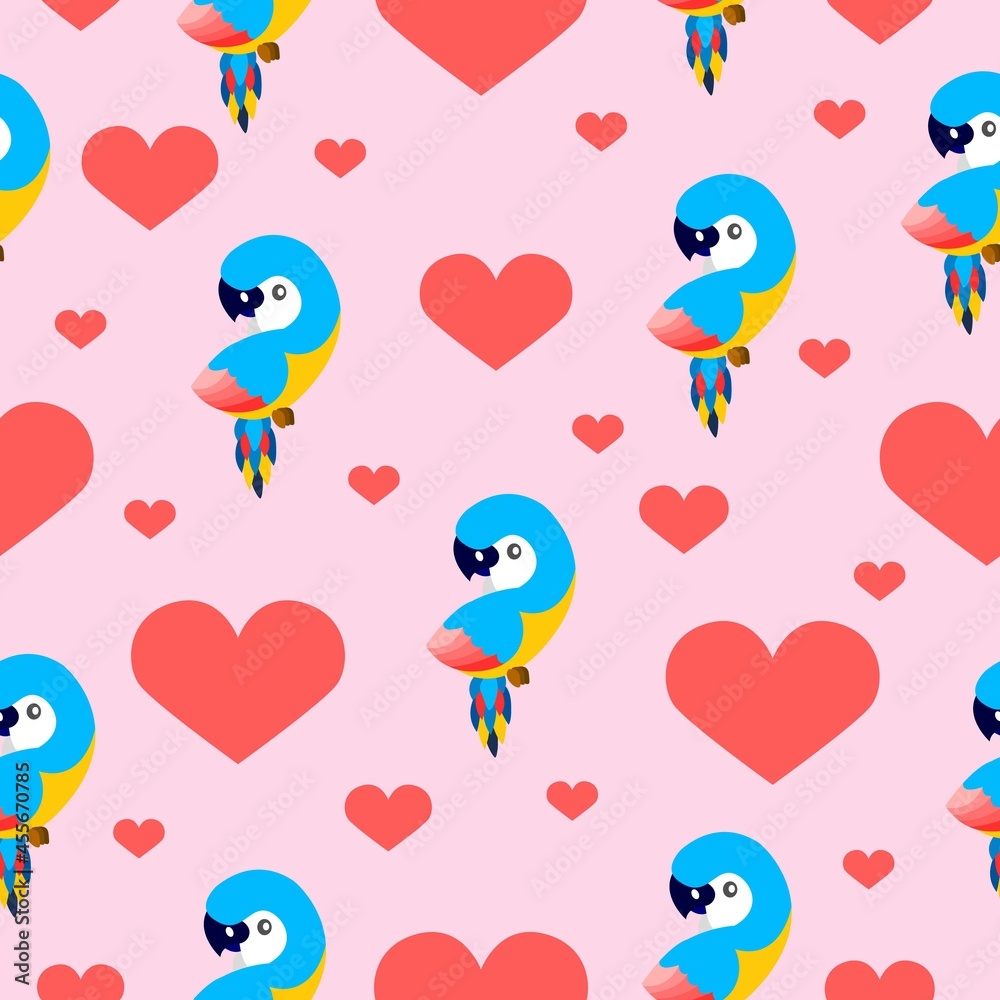 Seamless pattern with ara parrots and red hearts. Blue, yellow, pink, red.  Pink background. Cartoon style. Cute and funny. For kids post cards,  stationery, wallpaper, textile, wrapping paper Stock Vector | Adobe