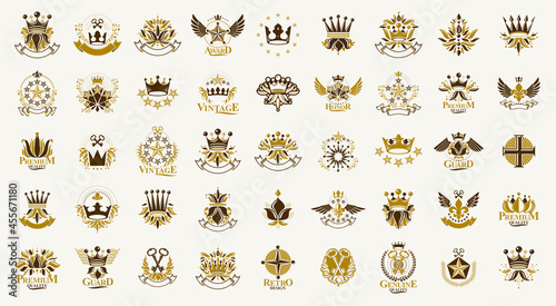 Heraldic Coat of Arms with crowns vector big set, vintage antique heraldic badges and awards collection, symbols in classic style design elements, family or business logos.