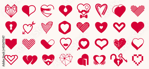 Hearts big vector set of different shapes and concepts logos or icons, love and care, health and cardiology, geometric and low poly, collection of heart shapes symbols.