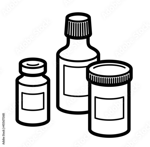 Medicine pharmacy theme medical bottles 3d vector illustration isolated, medicaments and drugs, health care meds cartoon, vitamins or antibiotics, simple linear design.