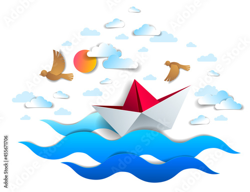 Paper ship swimming in sea waves, origami folded toy boat floating in the ocean with beautiful scenic seascape with birds and clouds in the sky, vector illustration.