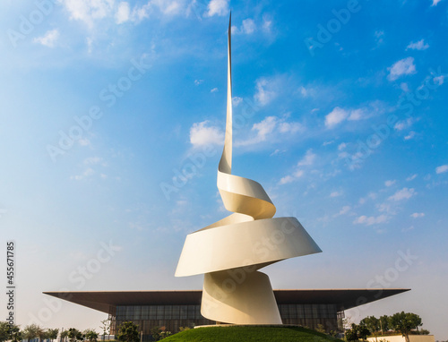 Sharjah, UAE - 09.07.2021 - Monument known as The Scroll that placed close to House of Wisdom library. Concept photo