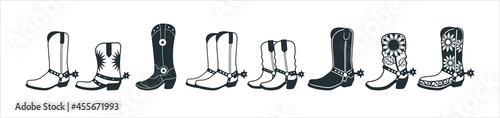 Cowboy boot Illustration. Cowgirl boot heels vector silhouette illustration set. Vector stock design for sticker printing