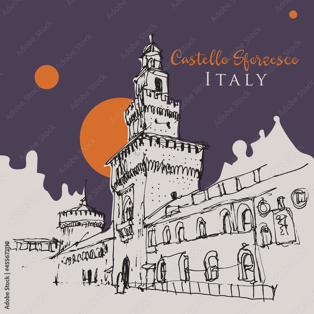 Drawing sketch illustration of Castello Sforzesco in Milan, Italy