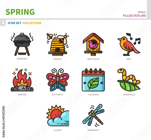 spring season icon set,filled outline style,vector and illustration