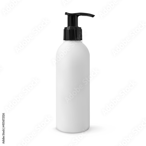 Realistic cosmetic bottle with dispenser mock-up isolated on white background. White plastic with black cap beauty product container 3d vector illustration