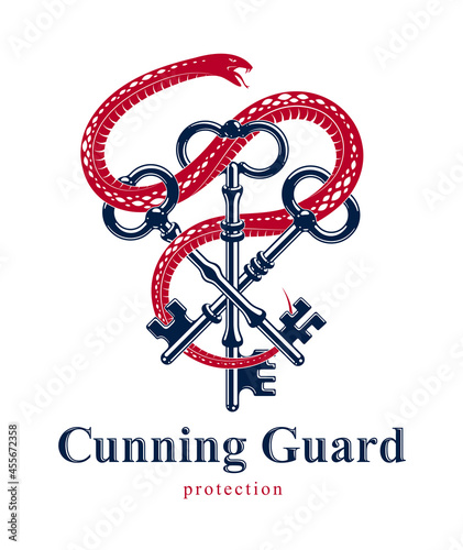 Snake wraps around vintage key, protected secret concept, turnkey and serpent old style tattoo, vector symbol logo or emblem.