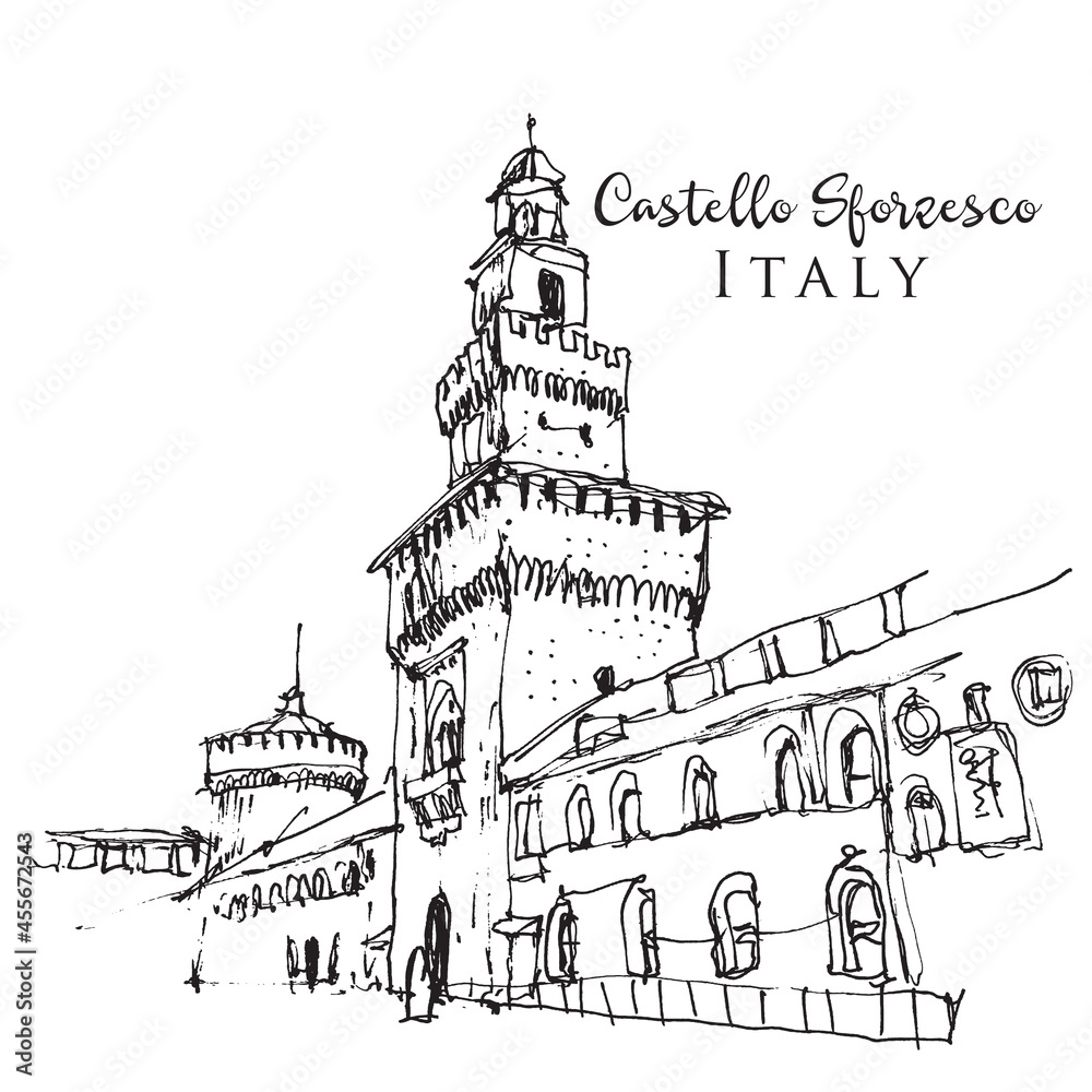 Obraz premium Drawing sketch illustration of Castello Sforzesco in Milan, Italy