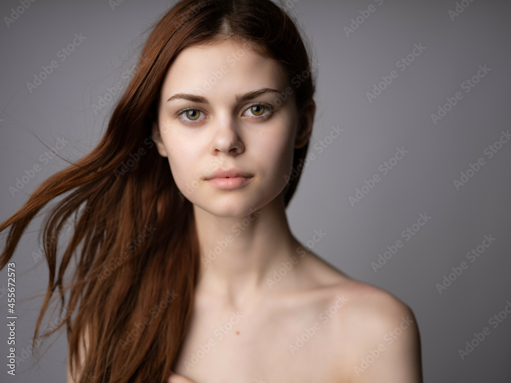 beautiful woman red hair naked shoulders posing posing isolated background