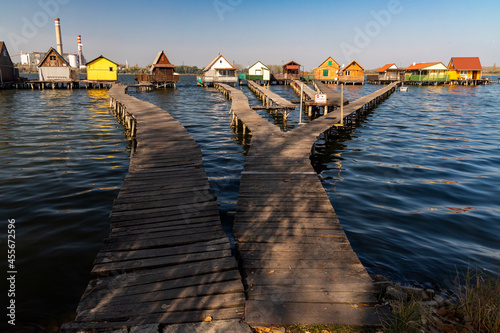 cottages on the piers, Bokodi-to in northern Hungary photo