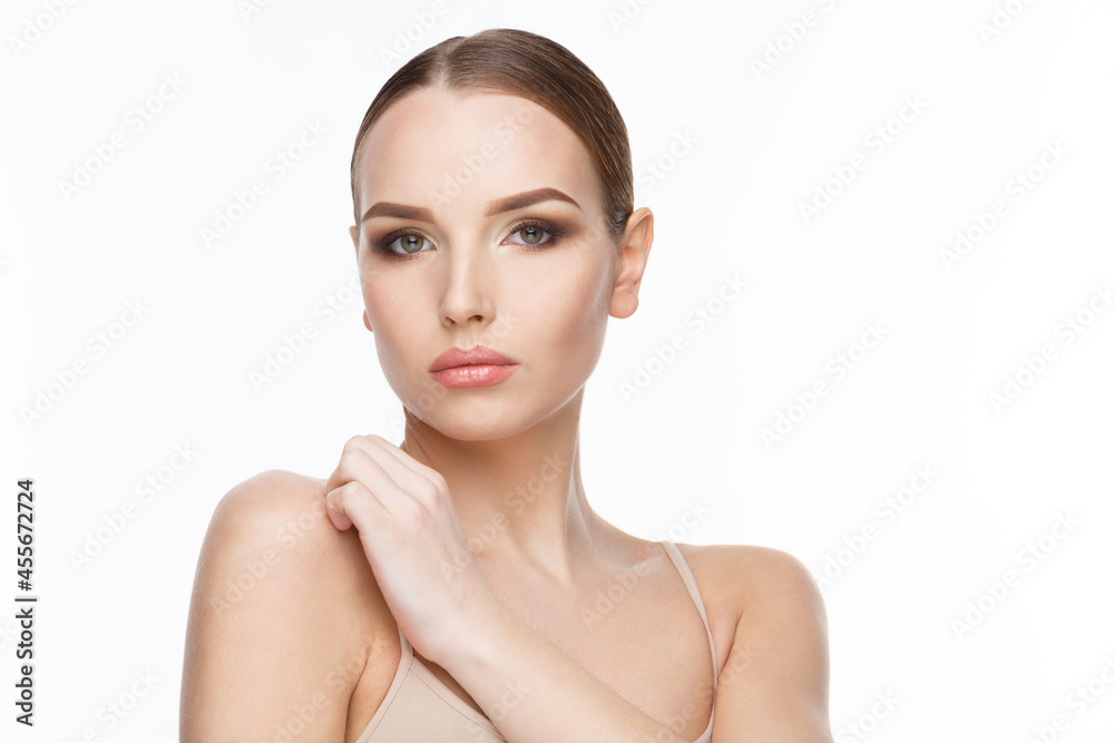 Beautiful Young Woman with Clean Fresh Skin isolated on white background Beautiful Young Woman with Clean Fresh Skin isolated on white background