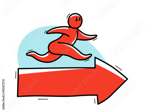 Funny cartoon man running on a arrow vector flat style illustration isolated on white, concept career success and big ambitions, panic urgency deadline.