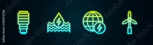 Set line LED light bulb, Water energy, Global power planet and Wind turbine. Glowing neon icon. Vector