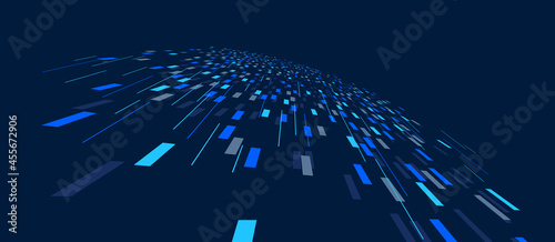 Abstract vector blue background, communication technology concept, dark 3d bits flying in perspective, futuristic abstraction.