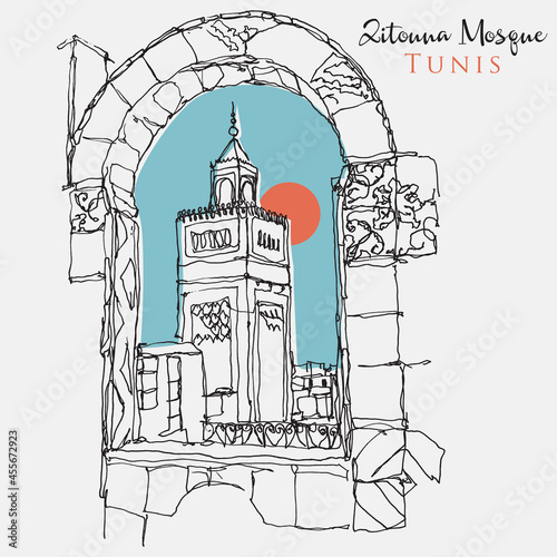 Drawing sketch illustration of Zitouna Mosque in Tunis, Tunisia photo